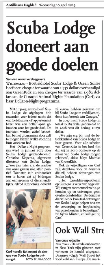 Scuba Lodge doneert $3739 aan lokale stichtingen